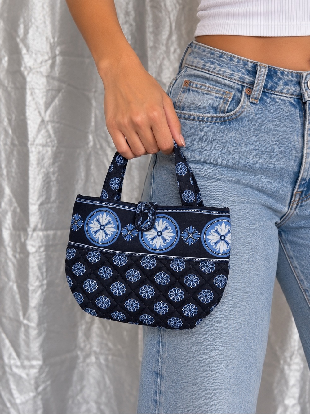 NWT Stephanie Dawn Mini Tote Purse Navy Blue Floral Quilted Fabric Handbag